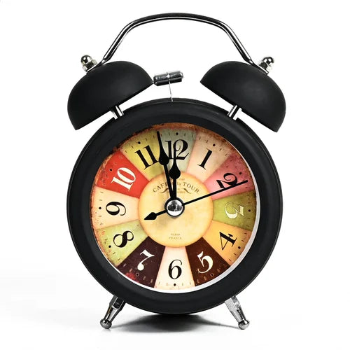 Vintage Twin Bell Analog Display Table Alarm Clock with Night LED Light Heavy Slippers Extra Loud Alarm Clock Ideal for Student and Kids Bedroom (Black)