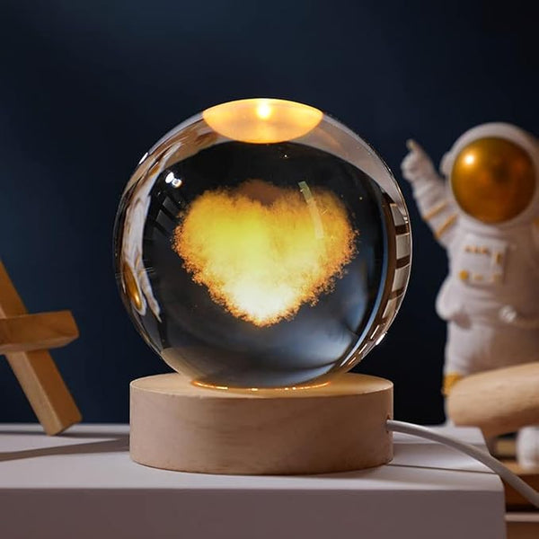 3D Heart Figurine LED Crystal Ball Lamp, Heart Light Lamp with Wooden Base, Heart Stuff for Heart Lovers, Birthday Christmas Mothers Day Heart Temed Items for Women Heart Lovers