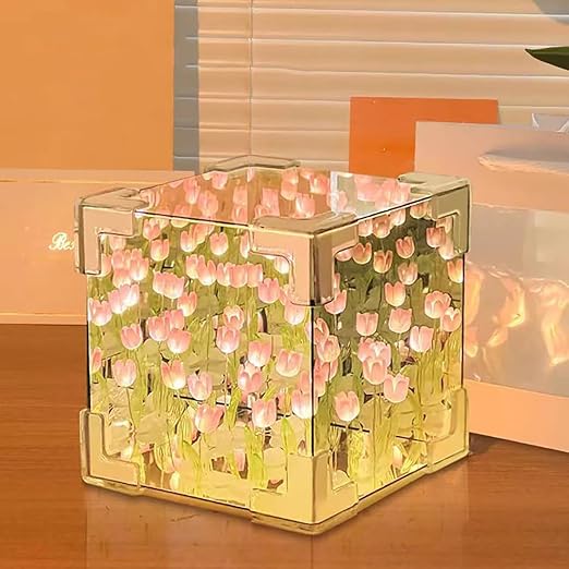 Tulip Night Light, Handmade DIY Cube Mirror Light with 20 Flowers, Tulip Flower Table Lamp & Mirror 2-in-1 for Decoration, Birthday Gifts for Women and Girl, Multicolor