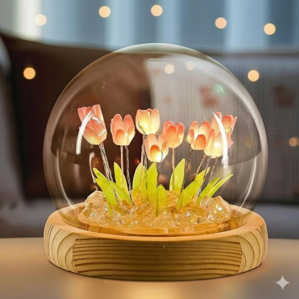 LED Tulip Glass Dome Night Light, USB-Powered Wooden Base, Crystal Ball Lamp with Warm Floral Glow, Decorative Lighting for Bedroom